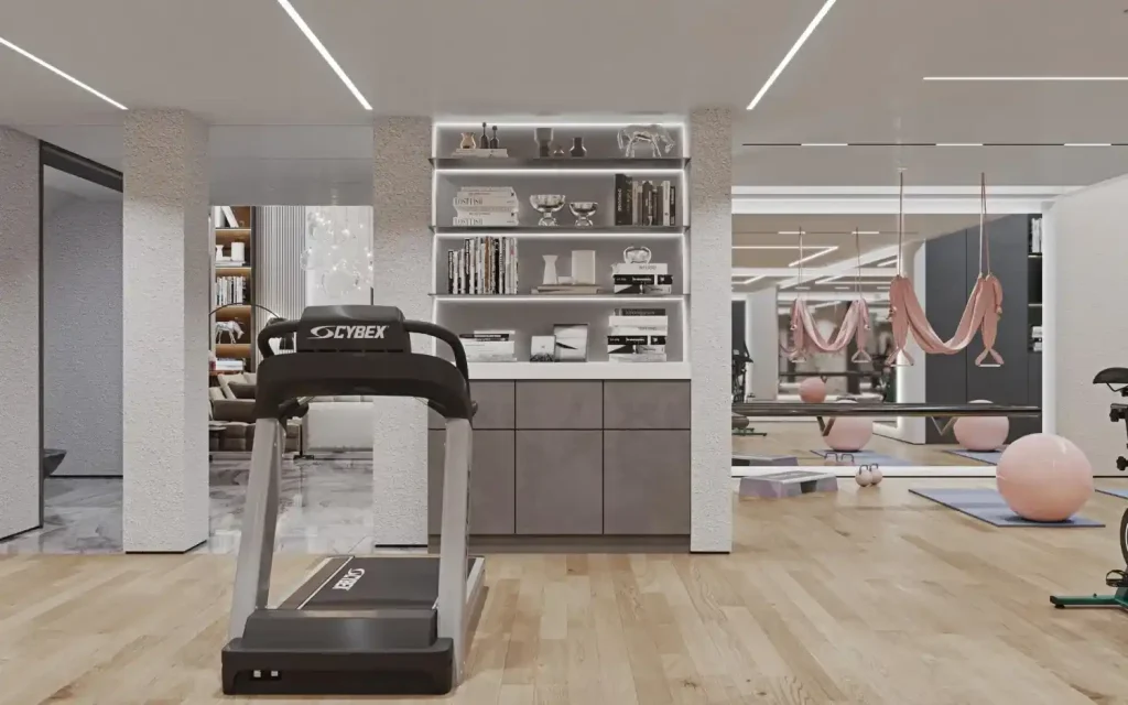 Espaço fitness moderno com esteira, prateleiras e equipamentos, ilustrando mobiliário de loja.